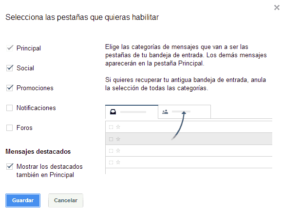 configurar pestañas gmail