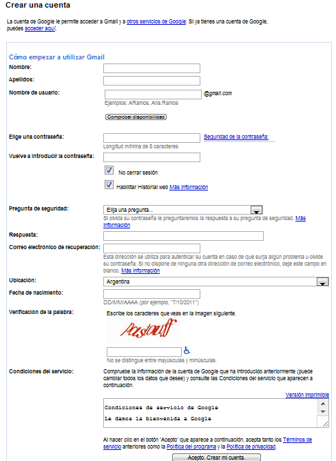formulario de registro en gmail