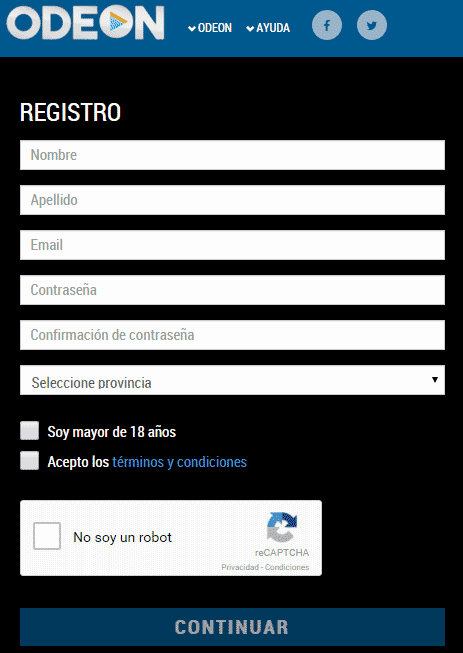 formulario registro odeon