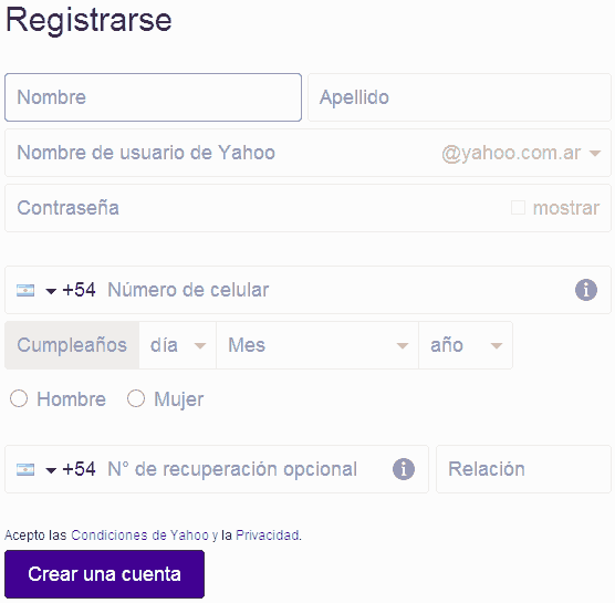 formulario registro yahoo