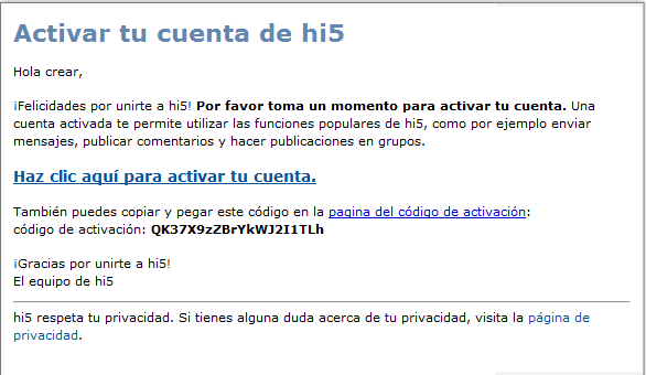 mail de confirmacion de hi5