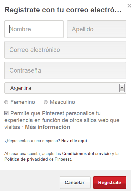 registro en pinterest