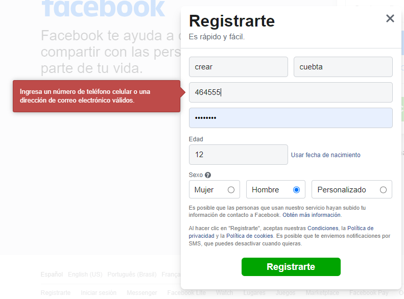 No puedo registrarme en Facebook